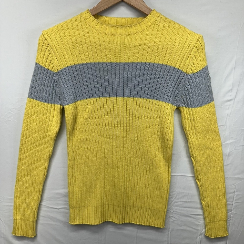 KENVELO‎ Striped Ribbed Knit Crew Neck Sweater Yellow Grey Women L